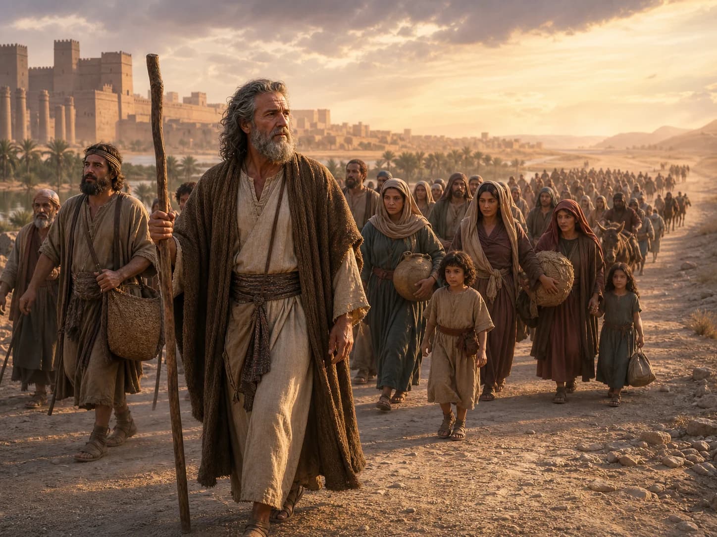 Moses leading Israelite families out of Egypt at sunrise.