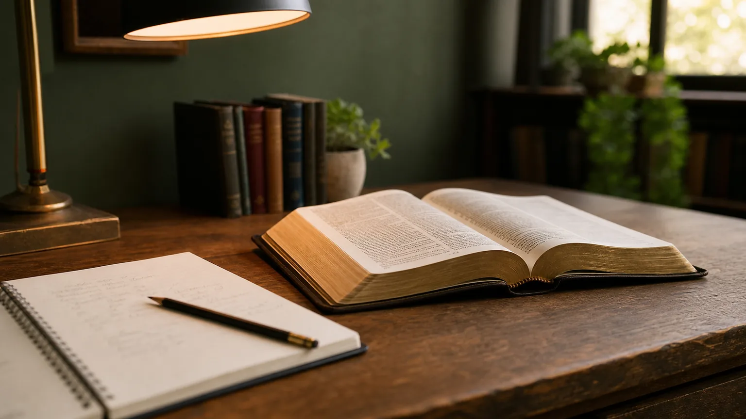 An open Bible and notebook on a warmly lit study desk